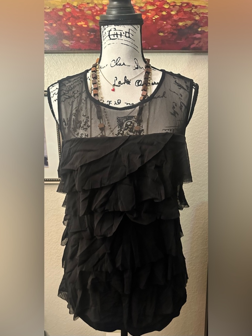 INC International Concepts Black Ruffle Sheer Yoke Sleeveless Camisole